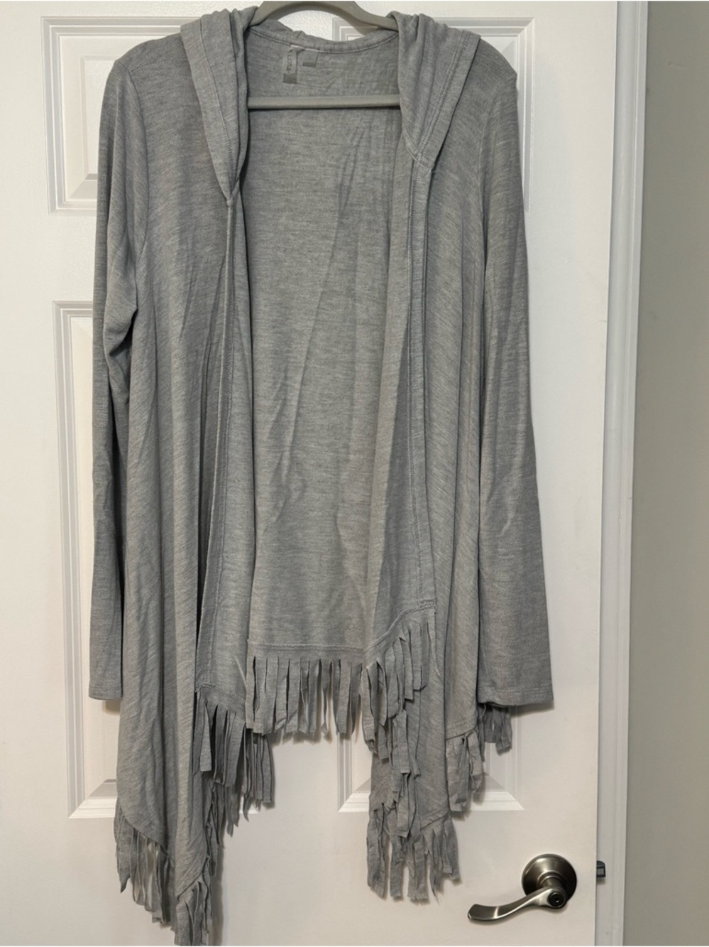 Pink Lotus Heather Gray Hooded Asymmetrical Fringe Hem Cardigan Sweater Sz Large